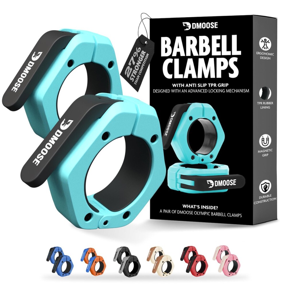 DMoose Barbell Clips (Pair) - Quick Release Olympic Barbell Clamps with Anti Slip TPR Grip, 2 Barbell Collars for Secure Weightlifting & Powerlifting (Cyan - Magnetic)