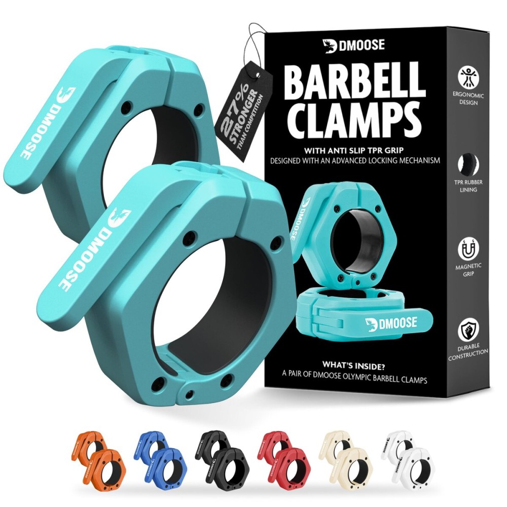 DMoose Barbell Clips (Pair) - Quick Release Olympic Barbell Clamps with Anti Slip TPR Grip - 2 Barbell Collars for Secure Weightlifting & Powerlifting (Cyan - Non Magnetic)