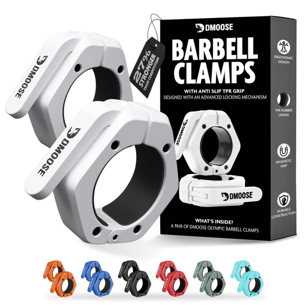 DMoose Fitness Barbell Clips 2 (Pair) - Quick Release Olympic Barbell Clamps with Anti Slip TPR Lining - Barbell Collars for Secure Weightlifting & Powerlifting - Weight Clips (White - Non Magnetic)