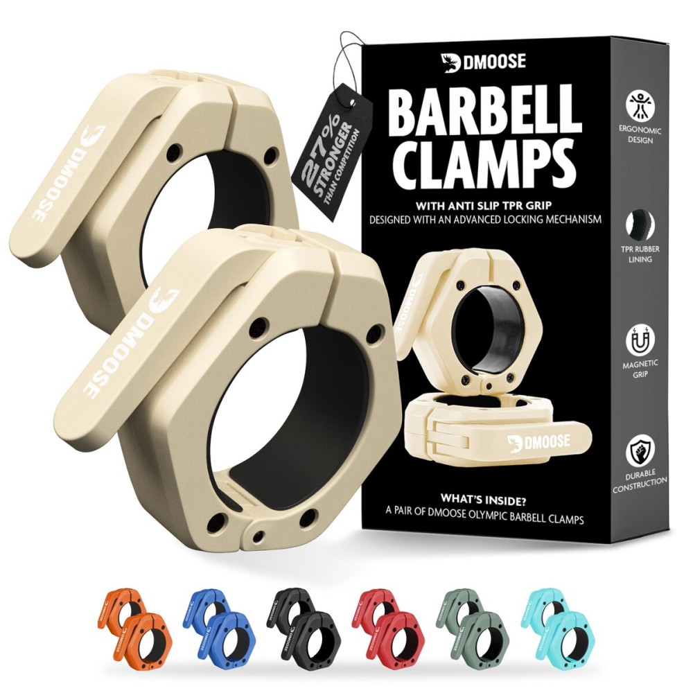 DMoose Barbell Clips (Pair) - Quick Release Olympic Barbell Clamps with Anti Slip TPR Grip - 2 Barbell Collars for Secure Weightlifting & Powerlifting (Beige - Non Magnetic)