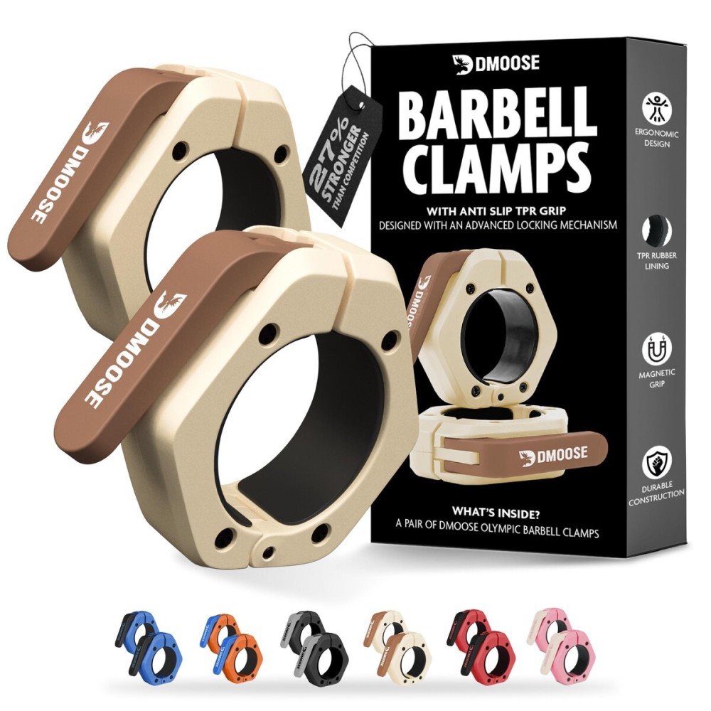 DMoose Barbell Clips (Pair) - Quick Release Olympic Barbell Clamps with Anti Slip TPR Grip, 2 Barbell Collars for Secure Weightlifting & Powerlifting (Beige - Magnetic)