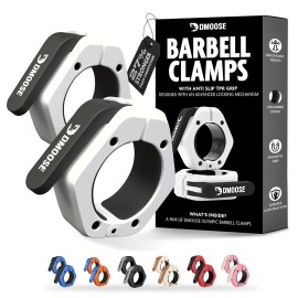 DMoose Fitness Barbell Clips 2 (Pair) - Quick Release Olympic Barbell Clamps with Anti Slip TPR Lining - Barbell Collars for Secure Weightlifting & Powerlifting - Weight Clips (White - Magnetic)