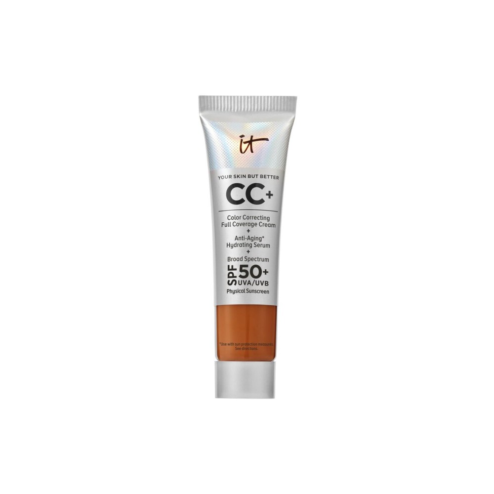 IT Cosmetics CC+ Cream Travel (Rich Honey) - Natural Full Coverage Foundation With SPF 50+, Color Corrector & Anti-Aging Hydrating Serum, Hyaluronic Acid + Peptides, Up To 24H Wear - 0.4 fl oz