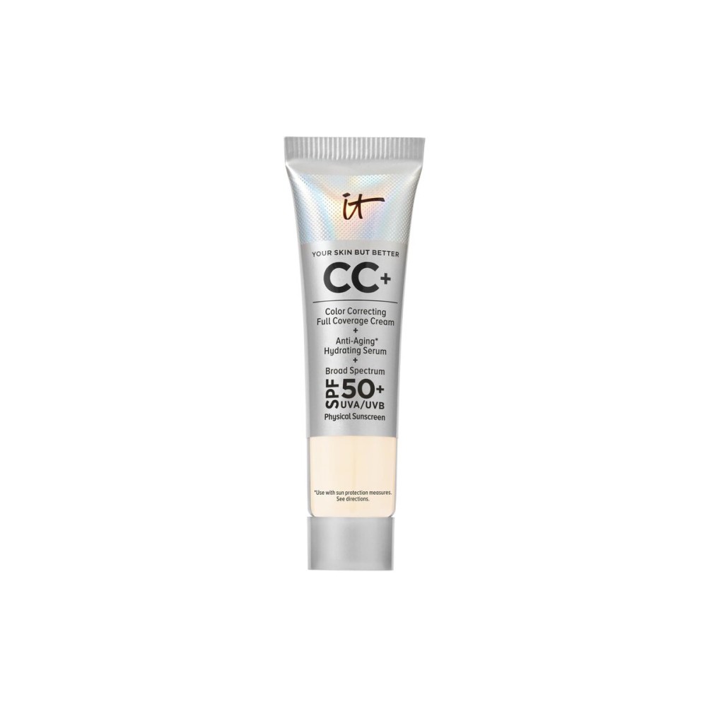 IT Cosmetics CC+ Cream Travel (Fair Ivory) - Natural Full Coverage Foundation With SPF 50+, Color Corrector & Anti-Aging Hydrating Serum, Hyaluronic Acid + Peptides, Up To 24H Wear - 0.4 fl oz