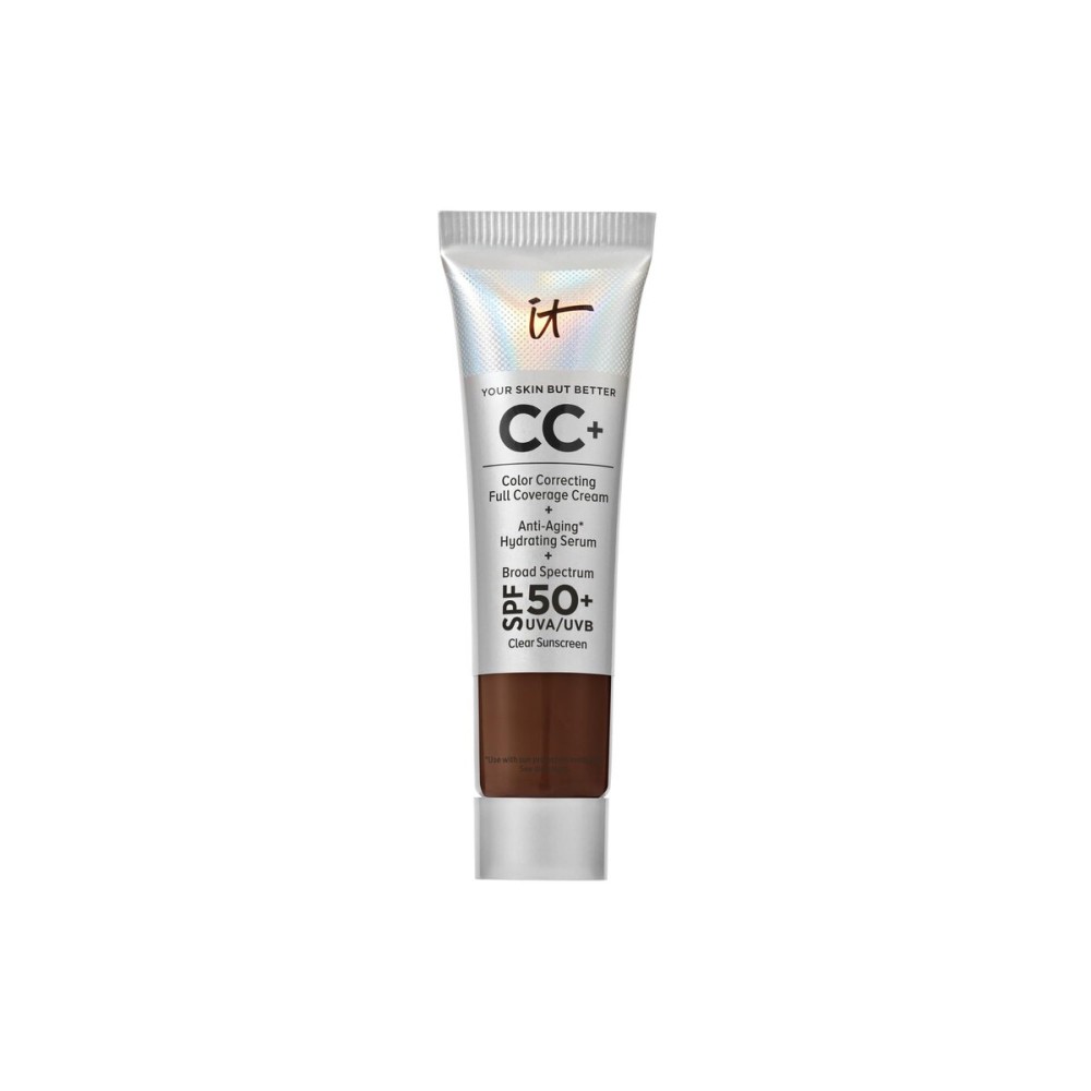 IT Cosmetics CC+ Cream Travel (Deep Mocha) - Natural Full Coverage Foundation With SPF 50+, Color Corrector & Anti-Aging Hydrating Serum, Hyaluronic Acid + Peptides, Up To 24H Wear - 0.4 fl oz