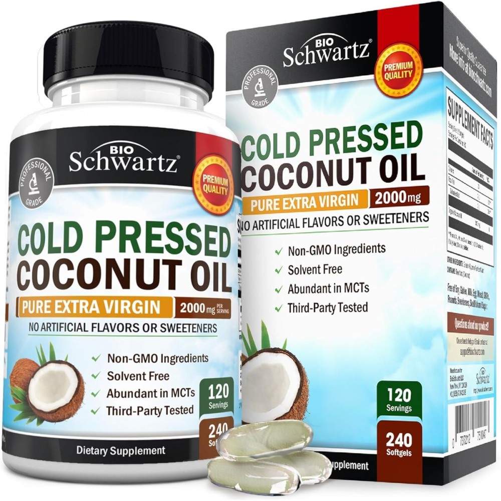 Coconut Oil Capsules 2000mg - Organic Pure Extra Virgin Unrefined Cold Pressed MCT Rich & Non-GMO for Healthy Skin Nails Hair Growth Support Bloating Anti Aging Digestion - 240ct (4 Month Supply)