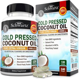 Coconut Oil Capsules 2000mg - Organic Pure Extra Virgin Unrefined Cold Pressed MCT Rich & Non-GMO for Healthy Skin Nails Hair Growth Support Bloating Anti Aging Digestion - 240ct (4 Month Supply)
