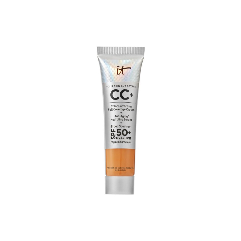 IT Cosmetics CC+ Cream Travel (Tan Rich) - Natural Full Coverage Foundation With SPF 50+, Color Corrector & Anti-Aging Hydrating Serum, Hyaluronic Acid + Peptides, Up To 24H Wear - 0.4 fl oz
