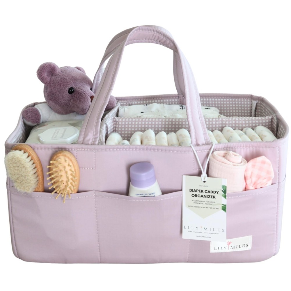 Lily Miles Baby Diaper Caddy Organizer, Wipeable Diaper Organizer Basket with 8 Pockets for Newborn Essentials, Baby Shower Gifts, Nursery Tote Bag for Changing Table or Car (Rosy Lilac, Large)