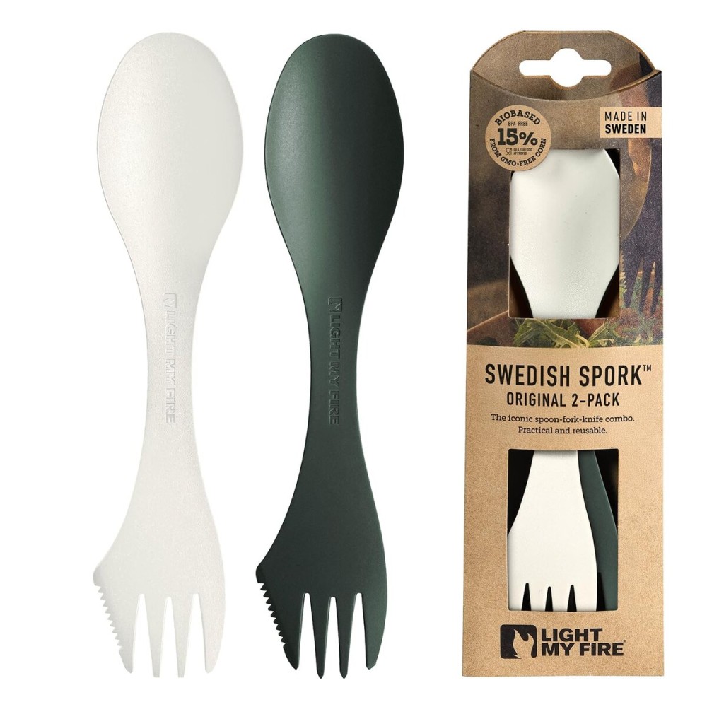 Light My Fire Spork Original 2-Pack 3-in-1 Camping Spoon Fork Knife Combo Reusable Travel & Camping Utensils Lunch Spork Outdoor Backpacking Hiking Picnic Utensil BPA Free, SageGreen/Cream