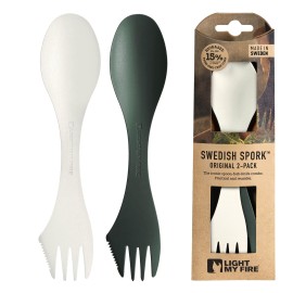 Light My Fire Spork Original 2-Pack 3-in-1 Camping Spoon Fork Knife Combo Reusable Travel & Camping Utensils Lunch Spork Outdoor Backpacking Hiking Picnic Utensil BPA Free, SageGreen/Cream