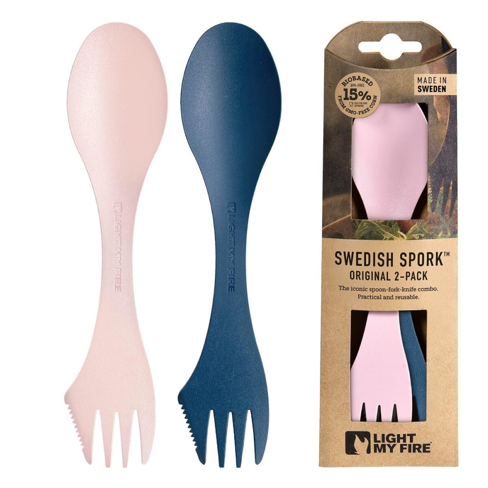 Light My Fire Spork Original 2-Pack 3-in-1 Camping Spoon Fork Knife Combo Reusable Travel & Camping Utensils Lunch Spork Outdoor Backpacking Hiking Picnic Utensil BPA Free, HazyBlue/DustyPink