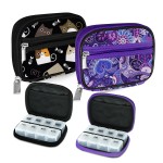 Serfeymi Weekly Travel Pill Organizer Pill Case for Purse with Removable 7 Day Pill Box, Fashionable Travel Medicine Organizer Pill Container for Medicine, Vitamin, Supplement - Black 03 + Purple 01