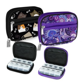 Serfeymi Weekly Travel Pill Organizer Pill Case for Purse with Removable 7 Day Pill Box, Fashionable Travel Medicine Organizer Pill Container for Medicine, Vitamin, Supplement - Black 03 + Purple 01