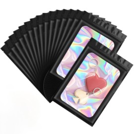 ANZNKU 100 Pcs Smell Proof Mylar Resealable Bags, Holographic Packaging Bags, Resealable Odor Foil Pouch Zip Bag with Clear Window for Food Storage and Lipgloss, Jewelry Lash (Black, 5.5 x 7.9 Inch)