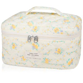 Large Makeup Bag, Cute Cosmetic Bag for Women Girls, Floral Coquette Aesthetic Toiletry Bag, Travel Make Up Organizer Bag (Yellow Flowers)
