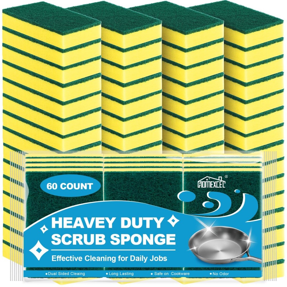 HOMEXCEL Heavy Duty Scrub Sponges Kitchen 60 Count, Extra-Large Sponges for Cleaning Kitchen and Household, Dish Scrubber for Washing Dishes, Pots and Pans