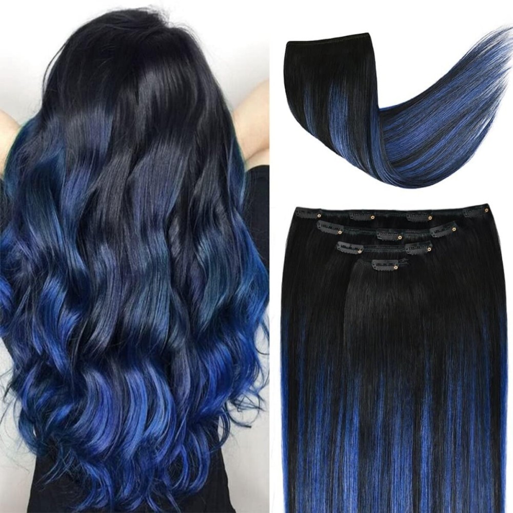 12 Clip in Hair Extensions Remy Human Hair Blue Balayage for Women - Silky Straight 100% Real Human Hair 50grams 4pieces (1B/Blue) T1B Color