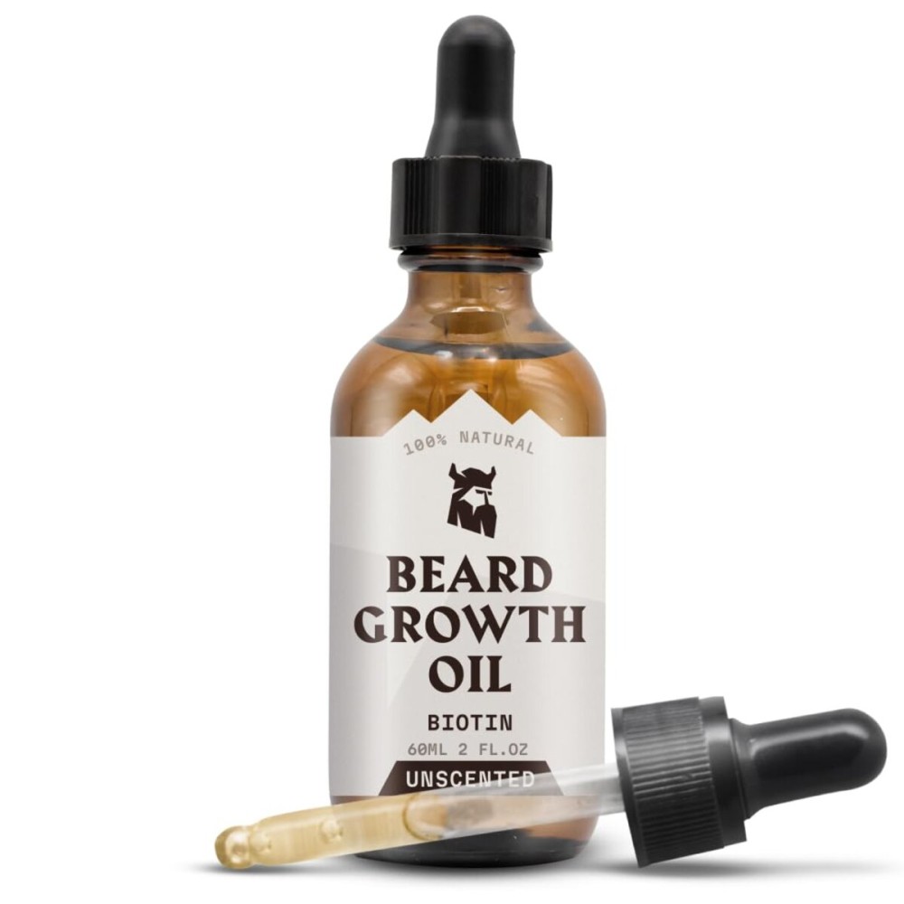 Striking Viking Beard Growth Oil with Biotin - 2 Fl Oz, Unscented - Thickening, Conditioning Biotin Beard Growth Serum for Men with Argan & Jojoba Oil - Facial Hair Serum for Men