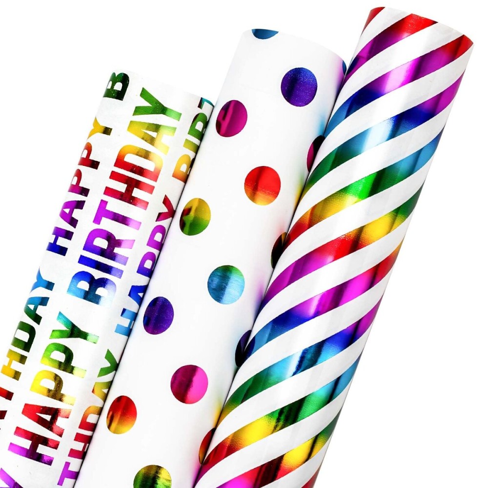 MAYPLUSS Birthday Wrapping Paper, 3 Rolls Iridescent Happy Birthday Gift Wrap Paper Featuring Polka Dots Stripes Printed Assortment - 17 inch x 120 inch Per Roll