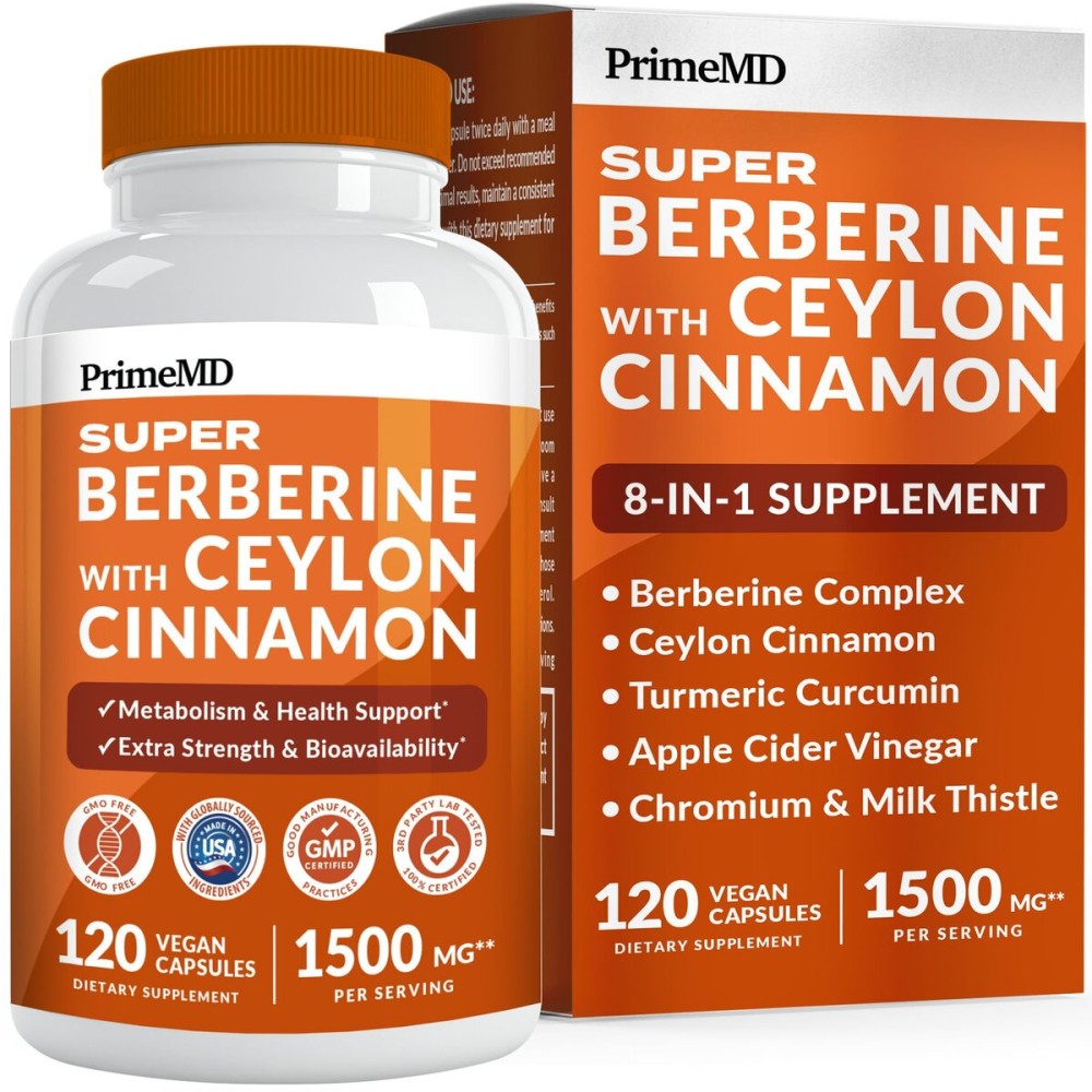 Super Berberine Supplement with Ceylon Cinnamon, BioPerine, Apple Cider, and Turmeric 1500mg - 8-in-1 Dihydroberberine Supplement for Overall Wellness and Balance Support, 120 ct