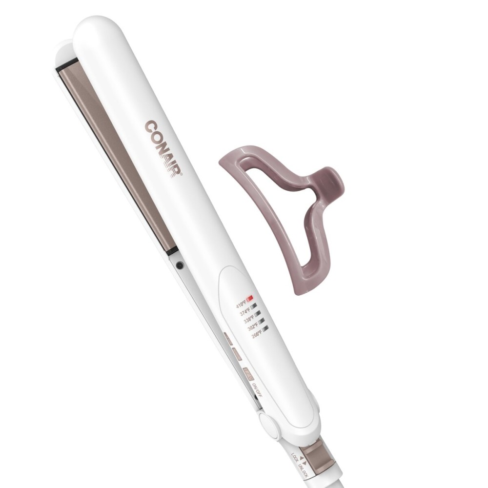 Conair Double Ceramic Flat Iron, 1-Inch Flat Iron Hair Straightener with Claw Clip, 5 Heat Settings, Extra-Long Floating Plates, White