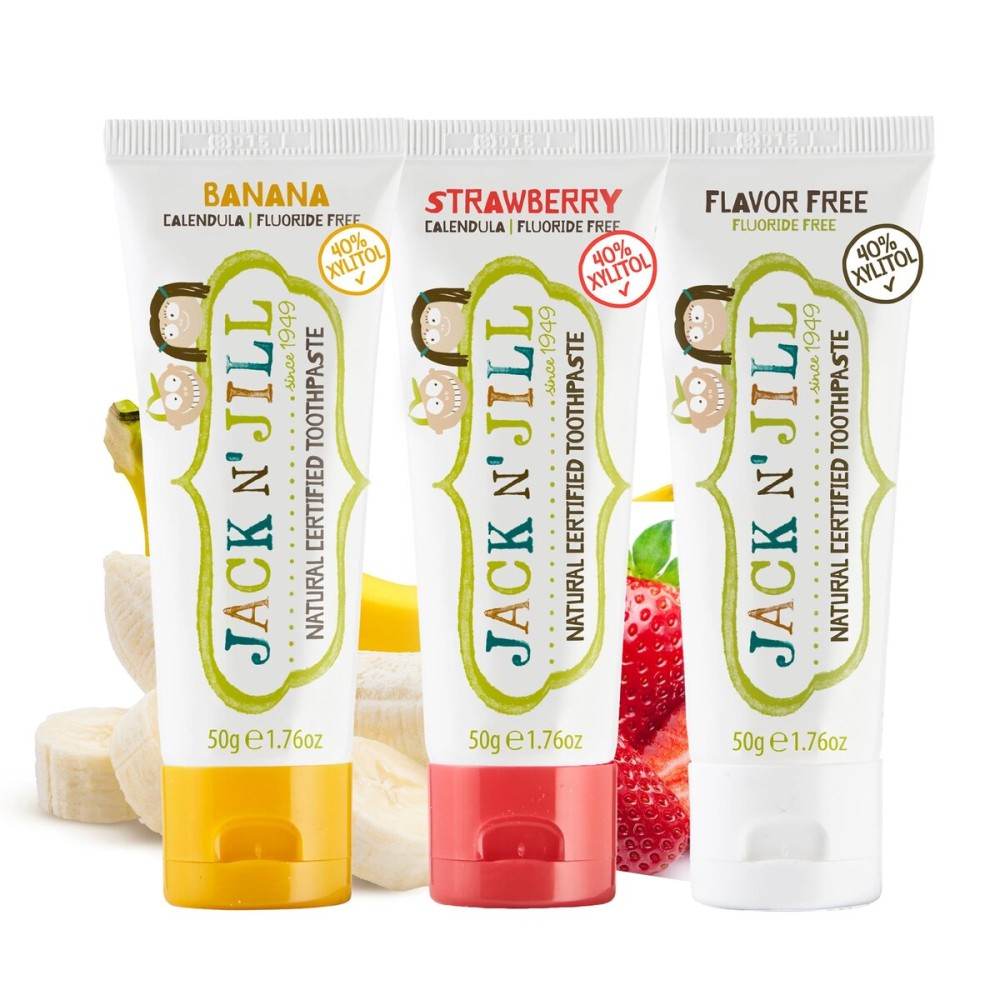 Jack N\' Jill Natural Baby Toothpaste - Fluoride Free Training Toothpaste for Babies 6 Months and Up, Safe to Swallow, 40% Xylitol, BPA Free - 1.76 oz (Variety Pack of 3)