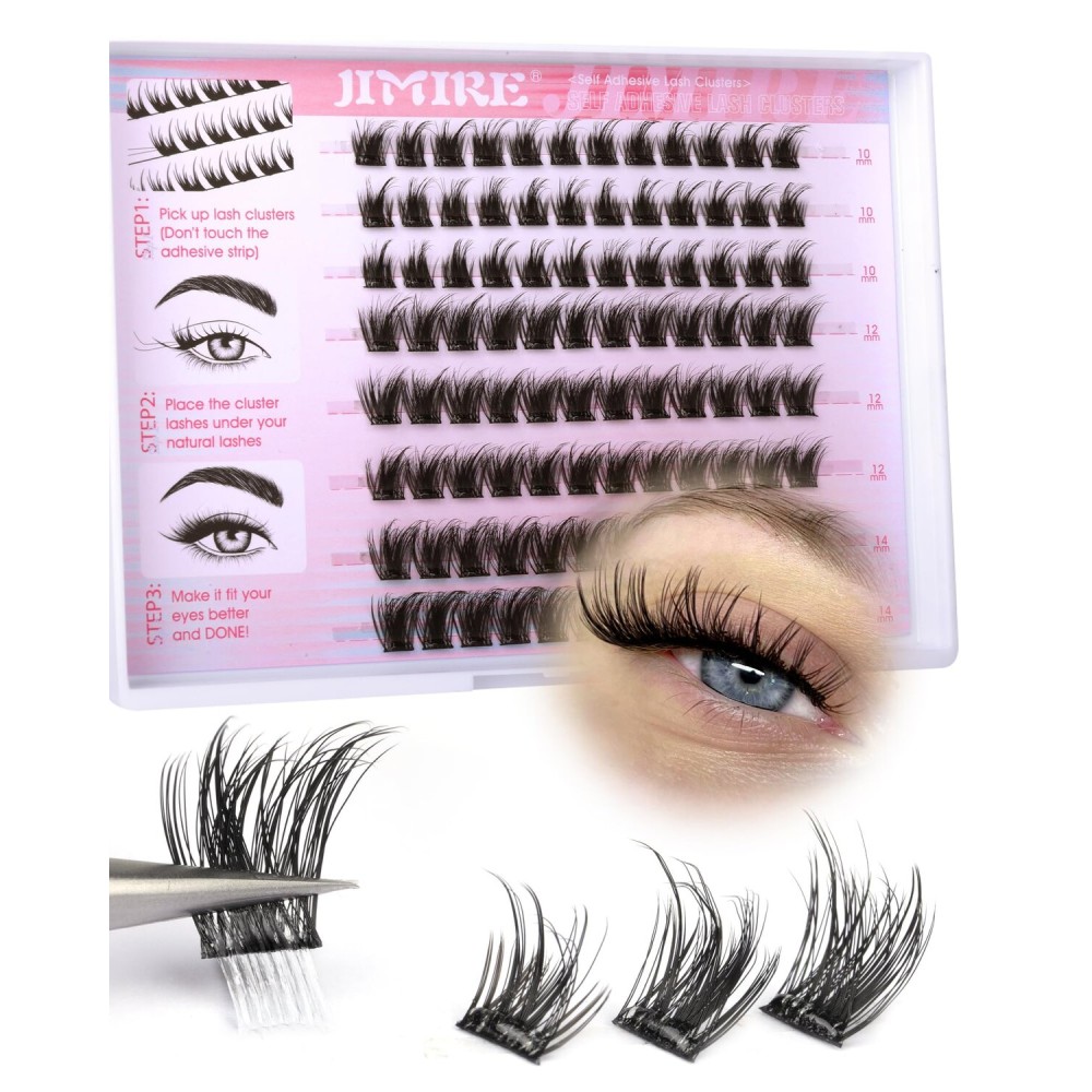 JIMIRE Self Adhesive Eyelashes Natural Look 12-14MM Full Pre Glued Lashes Clusters Manga Press on Lash Clusters D-Curly Reusable Self Adhesive Eyelash Clusters No Glue Needed