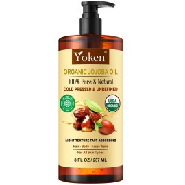 Yoken USDA Organic Jojoba Oil Cold Pressed 8 fl oz, 100% Pure & Natural Unrefined Jojoba Oil for Face Hair & Skin Massage, Hexane Free, Deeply Moisturizing Body Carrier oils Multi-Purpose Serum