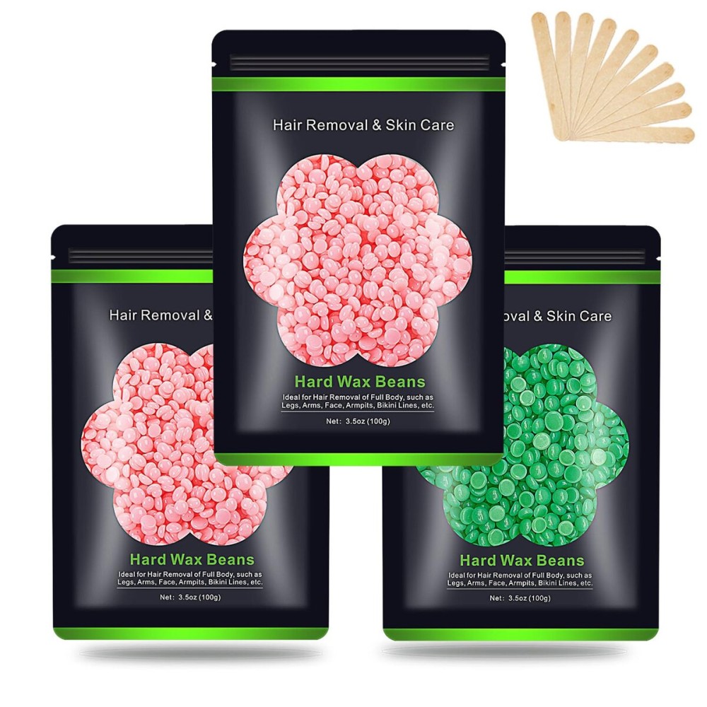 Wax Beads for Hair Removal 10.5oz (300g), Auperwel Hard Wax Beads Beans for Sensitive Skin Brazilian Waxing, Face, Bikini, Eyebrow, Legs, Painless for Women Men, 3 packs Kit with 10 Sticks