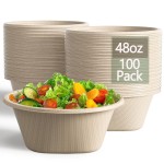 Homestockplus 48 Oz Natural Disposable Paper Bowls [100 Pack] - Heavy Duty, Eco-Friendly Compostable Salad Bowls for Organic Food, Farm to Table, Salad, BPA-Free, Microwave Safe (Unbleached)