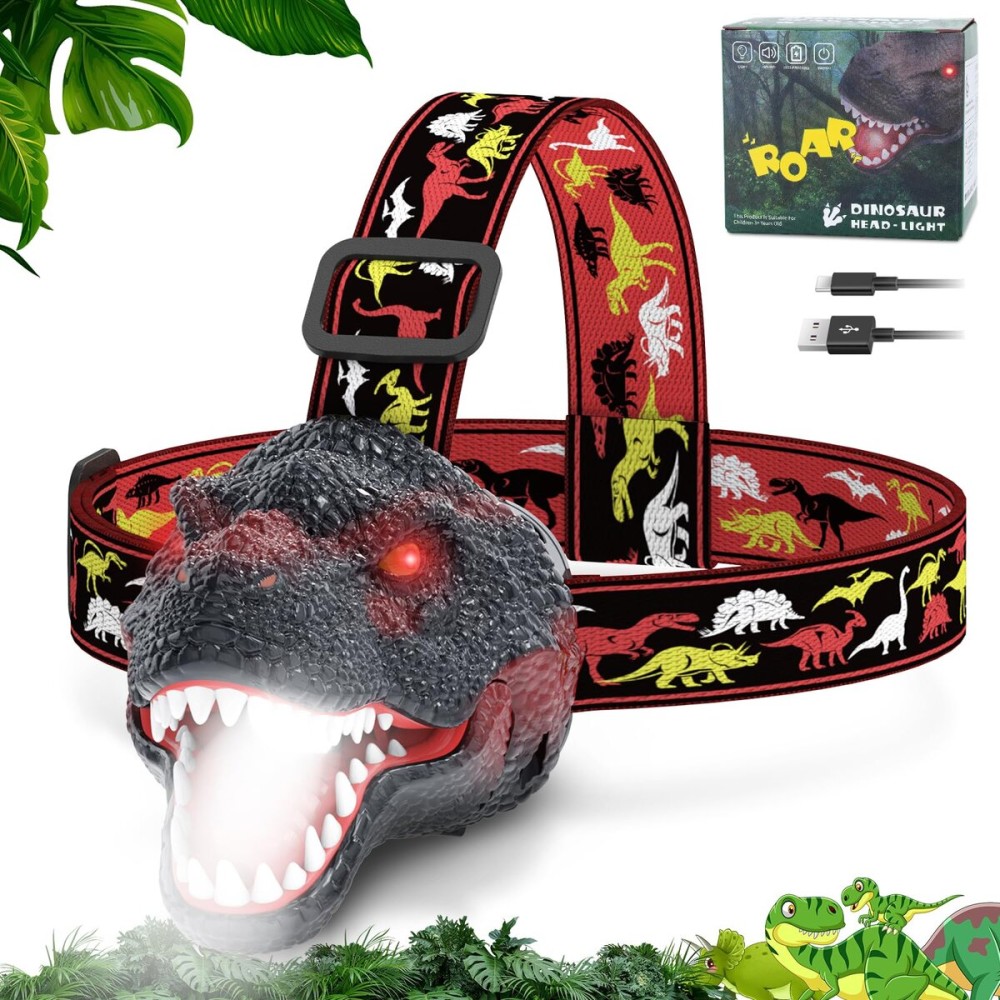 Nitigo Dinosaur Headlamp for Kids Flashlight Rechargeable Led Headlights Roar & Silent Mode, T-Rex Dinosaur Toys for Kids 3-5 4-6 5-7 6-8, Camping Gear, Easter Gifts for Boys Girls Adults