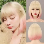 WERD Short Blonde Pink Bob Wig for Women Ombre Wig With Bangs Synthetic Straight Blonde mixed Pink Bob Hair for Daily Party Cosplay