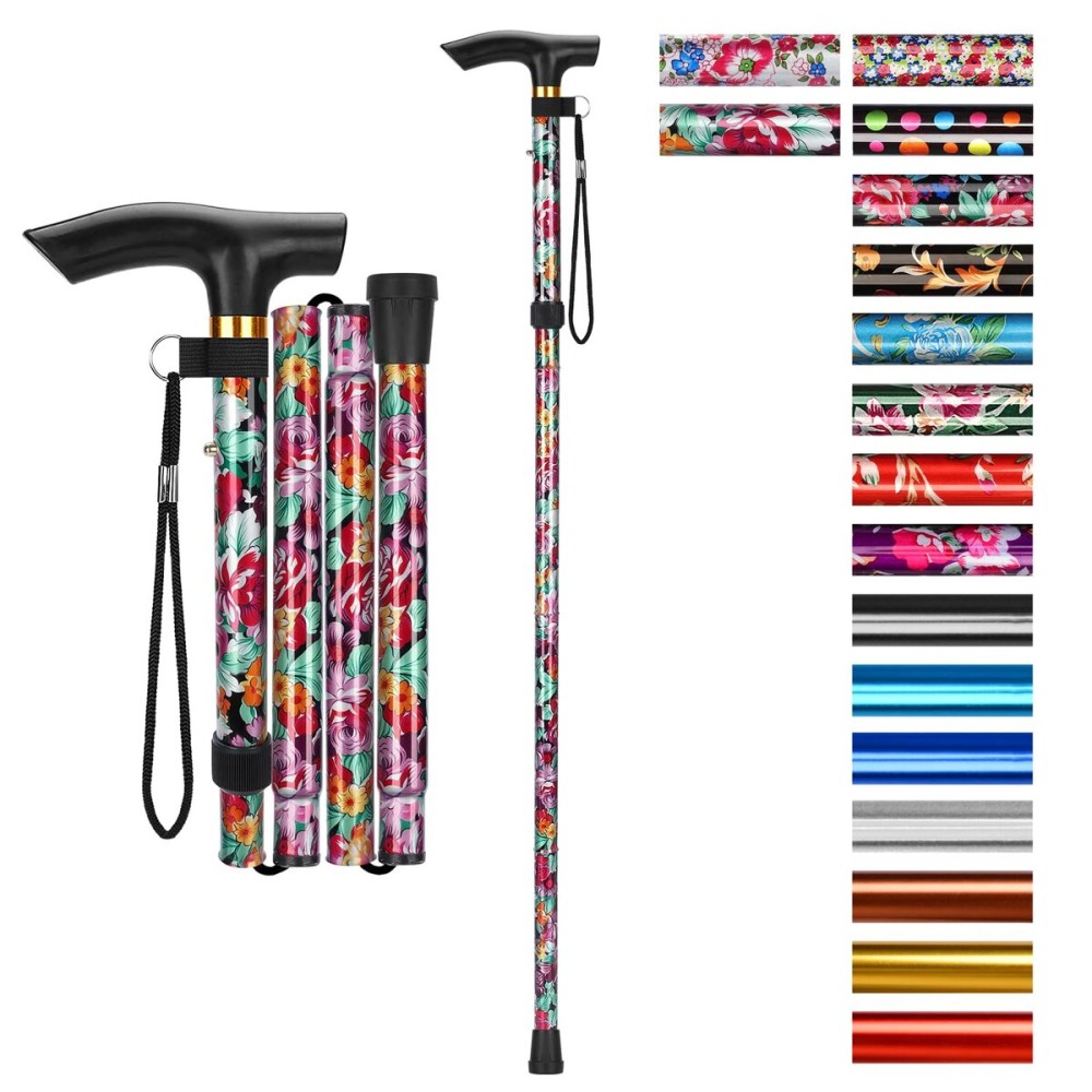 supregear Folding Cane, 5-Level Adjustable Height Walking Stick Lightweight Collapsible Portable Travel Cane with Wrist Strap and T Handle for Elderly Disabled Men Women, Dark Pink Floral