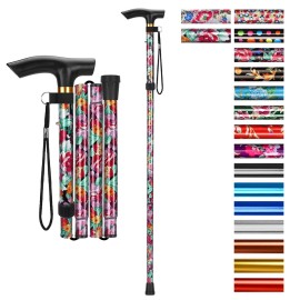supregear Folding Cane, 5-Level Adjustable Height Walking Stick Lightweight Collapsible Portable Travel Cane with Wrist Strap and T Handle for Elderly Disabled Men Women, Dark Pink Floral