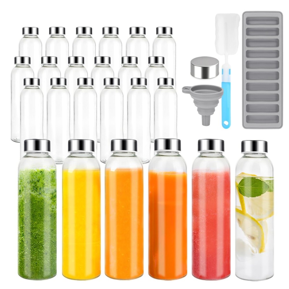 Zukro 24 Pack Glass Water Bottles with Lids 18 oz, Reusable Clear Juice Bottles With Stainless Steel Airtight Cap for Juicing, 100% Leak Proof Juice container Drinking Jar, Fridge Safe, BPA Free