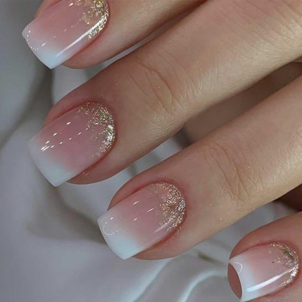 Foccna Square Ombre Press on Nails -Soft Gel Press on Nails Short Pink Fake Nails Square Bling Glossy False Nail Tips Artificial Nails for Women and Girls,24pcs