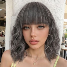 AISI HAIR Grey Salt & Pepper Synthetic Wavy Curly Bob Wig with Bangs Short Wavy Hair for Women Synthetic Heat Resistant Bob Wigs