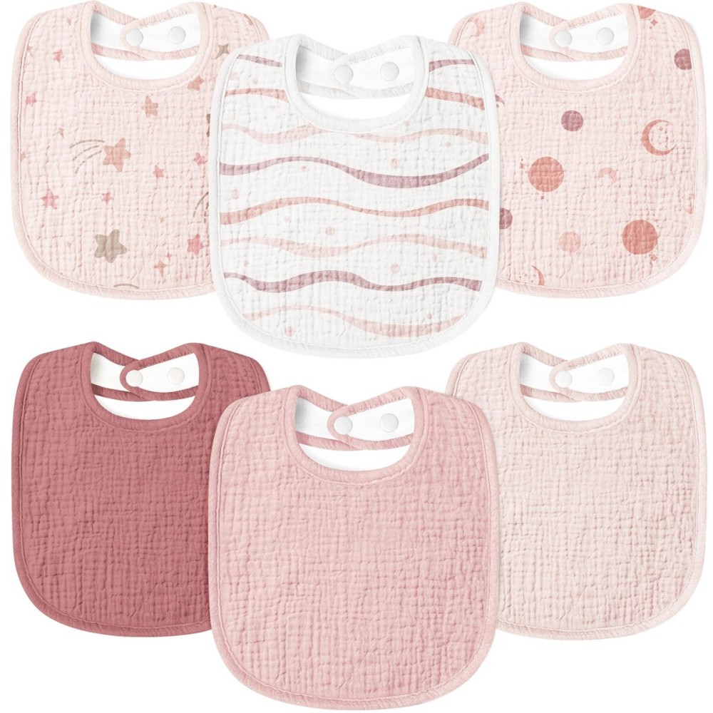 Susurration Muslin Baby Drool Bibs 6Pack Soft Square Adjustable Baby Bandana Bibs for Unisex Girls & Boys (Pink Print)