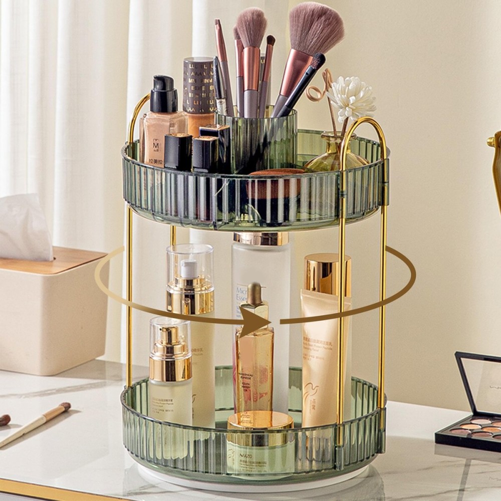 Aveniee Rotating Makeup Organizer for Vanity, Upagraded Perfume Skincare Bathroom Counter Organizers with Brush Divider, 2 Tier Spinning Lipstick Cosmetic Lotion Storage,Green