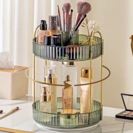 Aveniee Rotating Makeup Organizer for Vanity, Upagraded Perfume Skincare Bathroom Counter Organizers with Brush Divider, 2 Tier Spinning Lipstick Cosmetic Lotion Storage,Green