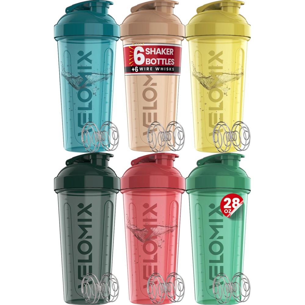 VELOMIX -6 PACK- 28 oz Protein Shaker Bottle for Protein Mixes - 6x Wire Whisk | Leak Proof Shaker Cups for Protein Shakes | Protein Shaker Bottle Pack | Protein Shake Cup (Hawai Shadows)