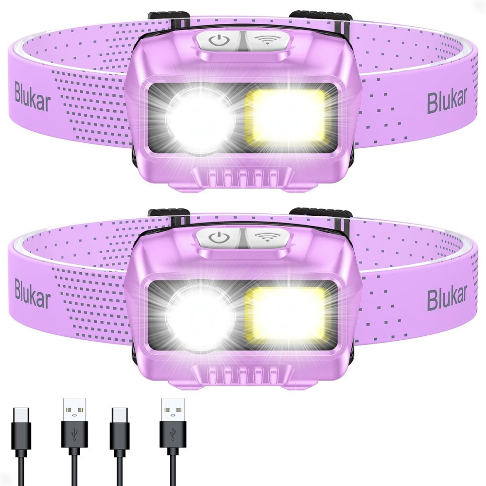 Blukar LED Headlamp,2000L Super Bright Rechargeable Headlight Flashlight with White&Red Light 2 Pack - Motion Sensor,Dimmable Brightness,8 Modes,Spotlight&Floodlight,IPX5 Waterproof for Camping-Purple