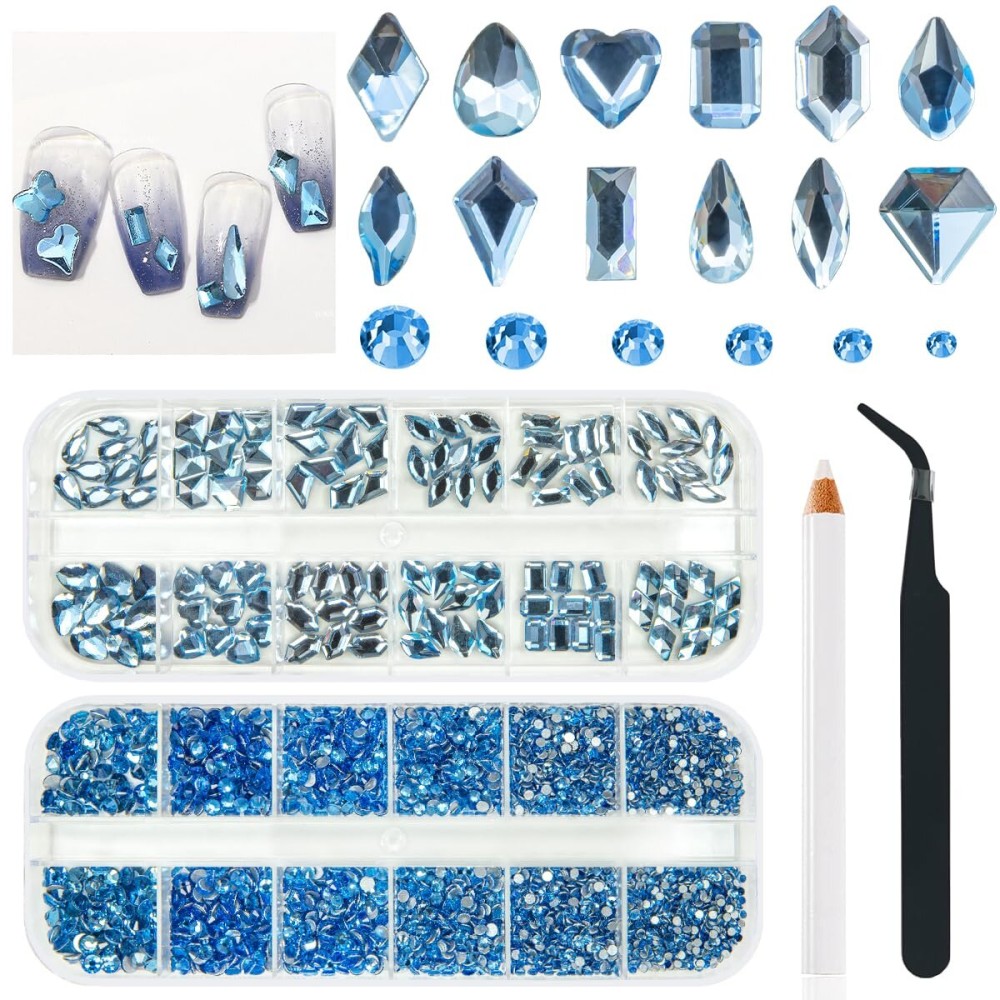 qiipii Light Blue Rhinestones for Nails Multi Shapes Crystal Flatback Rhinestones Gems Round Beads Glass Stones Diamonds Jewels w Wax Pen for Faces Eyes Makeup Crafts