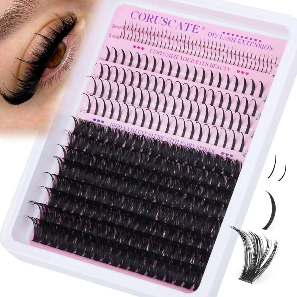 CORUSCATE 100D Lash Clusters with Bottom Lashes Spikes Eyelash Clusters Multi-type Individual Lashes Thick DIY Lash Extension Kit Fairy Cluster Eyelash Extensions 5-20mm Wispy Cluster Lashes Spike