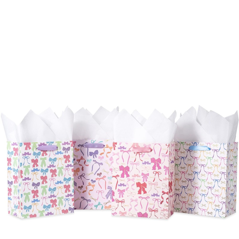 Loveinside Medium Size Gift Bags, Colorful Bow Pattern Gift Bag with Tissue Paper for Shopping, Parties, Wedding, Baby Shower, Craft-4 Pack, 7 X 4 X 9