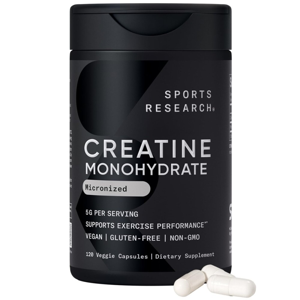 Sports Research Creatine Monohydrate Capsules - Supports Workout Recovery, Lean Muscle gain, Performance and Strength* - Non-GMO, Vegan Certified - 5g per Servings - 30 Servings