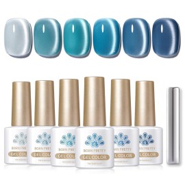 BORN PRETTY 6pcs Magnetic Gel Nail Polish Kit - Blue Lover Set - Cat Eye Magnetic Gel Polish - Long Lasting, Glossy Finish