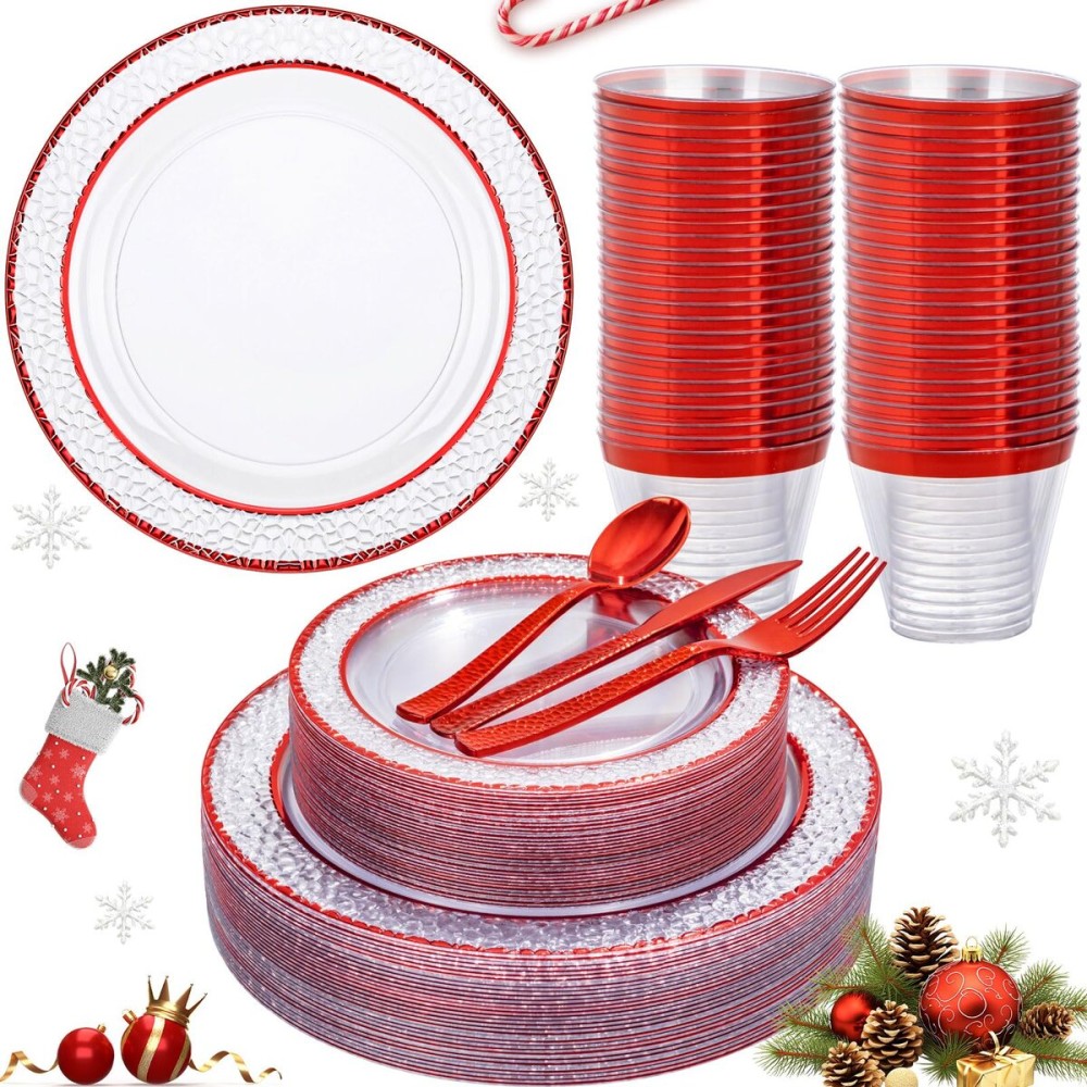 Ciaell 150 PCS Red Plastic Plates - Clear Hammered Disposable Plates with Red Rim include 50Plates, 25Forks, 25Knives, 25Spoons, 25Cups for Wedding & Party & Anniversary & Christmas