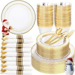 Ciaell 350PCS Clear Plastic Plates with Gold Trim for 50 Guests,Includes 100 Plastic Plates, 50 Pre Rolled Napkins with Gold Silverware, 50 Cups, Disposable Dinnerware Set for Wedding & Party